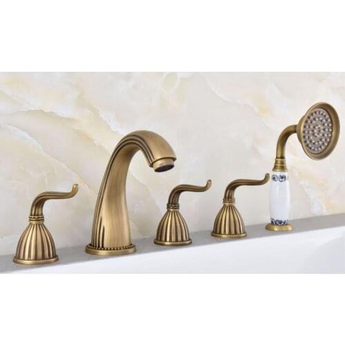 Vintage Retro Antique Brass Five Hole Deck Mount Bathroom Tub Faucet Set with Handheld Shower Spray Head Mixer Tap Dtf243