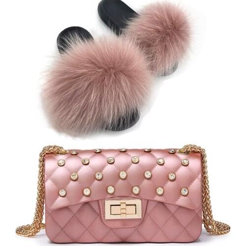 Women Fox Leather Slippers High-End Fluffy Slipper Bags Fox Leather Slippers Fashion Lady Rhinestone Bags Real Fur Slippers