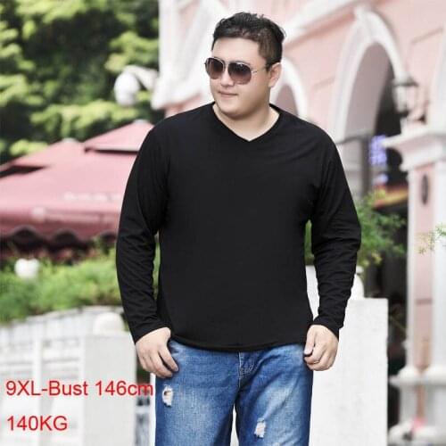 140Kg Plus size spring autumn mens V-neck long-sleeved cotton T-shirt bust 146cm 6XL 7XL 8XL 9XL loose casual black t-shirt men