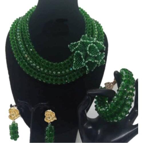4UJewelry Green Fine Jewelry Set With Big Luxury Handmade Flowers 3 Rows African Bridal Jewelry Set For Women Gift Set 2019 New