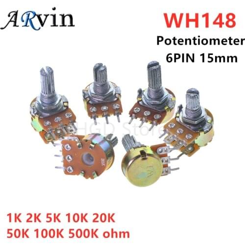 5pcs B1K B2K B5K B10K B20K B50K B100K B500K 6Pin Shaft WH148 Potentiometer 1K 2K 5K 10K 20K 50K 100K 500K