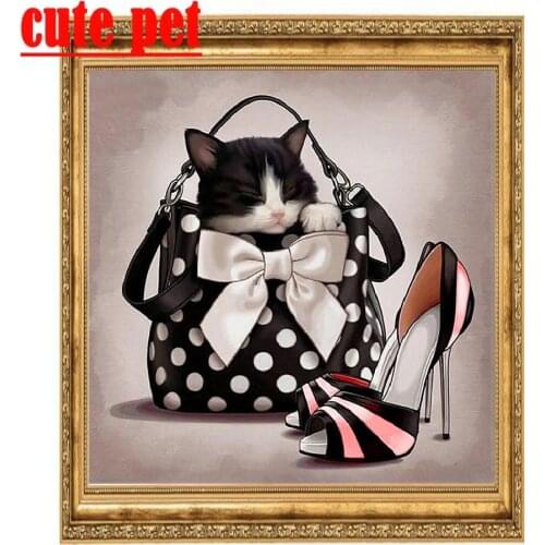 Crossstitch Diy Diamond Painting Animals Black White Bag Cat Mosaic Picture of Rhinestones Embroidery Decor fresco embroidery