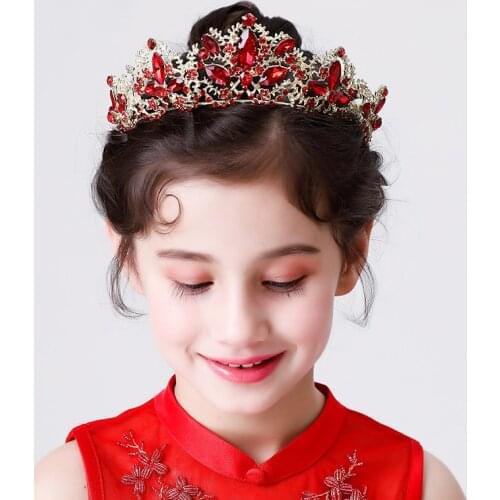 Baroque Vintage Gold Red Crystal Kid Luxury Crowns Wedding Hair Accessories Rhinestone Princess Diadems Women Hair Jewelry
