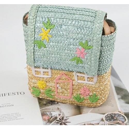 Cute Cartoon House Print Woven Kids Shoulder Bag Straw Handbag Crossbody Purse Rattan Woven Envelope Storage Bag Outdoor