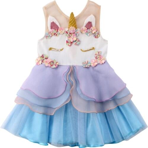 Baby Girls Unicorn Beading Floral Mesh Lace Tutu Dresses Princess Kids Cosplay Flower Party Dress