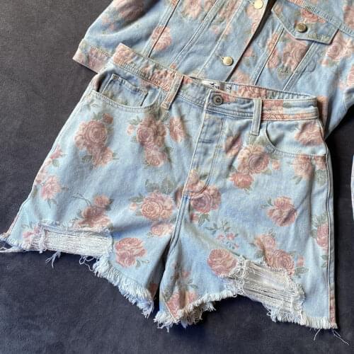 Girls Jeans Rose Vintage Cotton Shorts High Waist Button Fly Coated Skinny Korean Sweet Small Fresh All-match Women Jeans