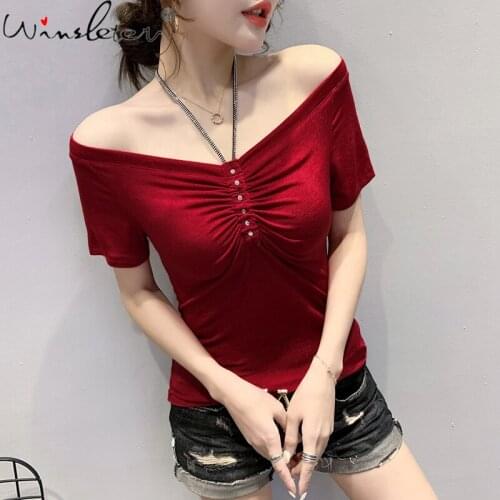 Summer European Clothes T-shirt Fashion Sexy Off Shoulder Halter Diamonds Women Tops Short Sleeve All Match Tees 2021 T13803A