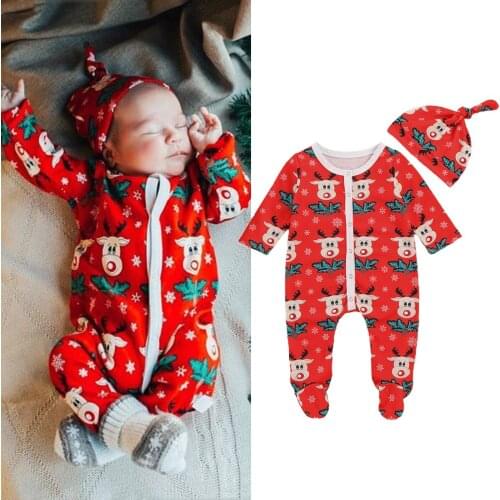 Infant Baby Girl Boy Christmas Outfit Long Sleeve Deer Elk Footed Romper Bodysuit Hat Set Christmas Pajamas 2PCS 0-24M