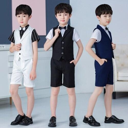 Summer Baby Boys Gentleman Suit Fashion New Kids Boys Handsome Wedding Clothes Set Solid Vest Shirts Shorts 3pcs Performance Set