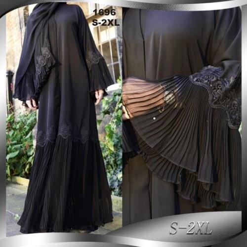 Plus size Fashion pleated embroidery abaya for muslim adult female full length prayer islamic cardigan dress with belt F953
