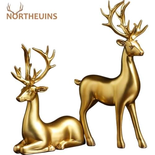 NORTHEUINS Resin 1 Pcs Golden Deer Figurines for Interior Nordic Animal Statues Trinkets Sculpture Home Decoration Accessories