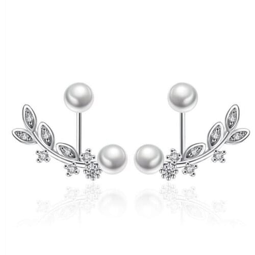 Newest 925 Sterling Silver Ear Jewelry Front Back Double Sided Leaves Petals Zirconia Pearl Stud Earrings brincos S-E265