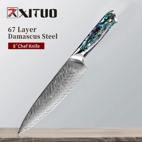 XITUO Chefs Knife 8 inch Damascus Steel VG10 Razor Blade Abalone Handle Japanese Gyuto With Sheath Cooking Knives For Kitchen