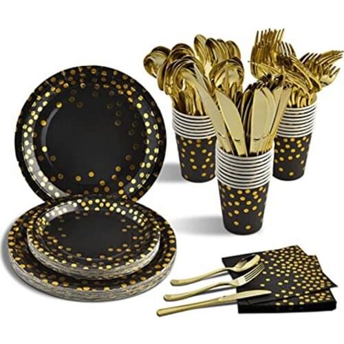 Disposable Black and Gold Party Supplies Paper Plate and Napkin Cup Set for Birthday Party Graduation Wedding Engagement