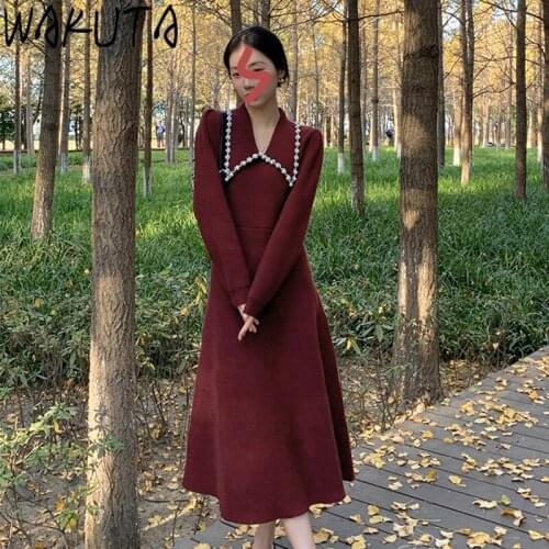 WAKUTA Pearl Clasp Tuen Down Neck Long Maxi Sweater Dress for Women Elegant Party Robe Chic Ladies Vintage Knitting Dresses Pure