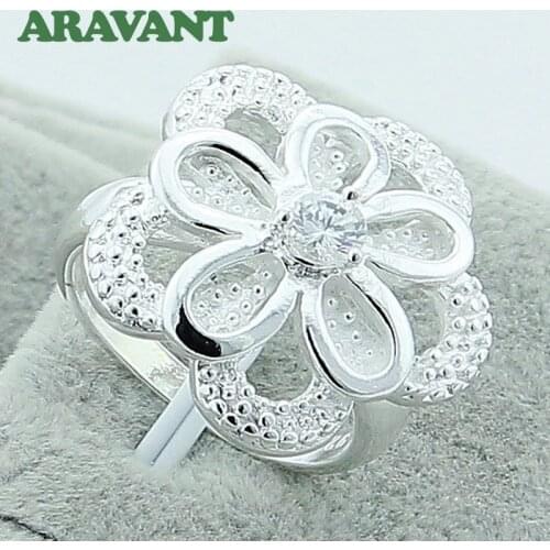 Silver Plated Flowers Zircon Rings For Women Girls Valentines Day Romantic Jewelry
