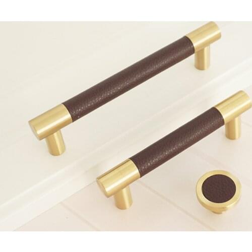 3.75" 5" 6.3" 8.8" Copper Cabinet Knobs Brown Leather Door Pull Handles Round Dresser Knob Brass Drawer Handle 96 128 160 224mm
