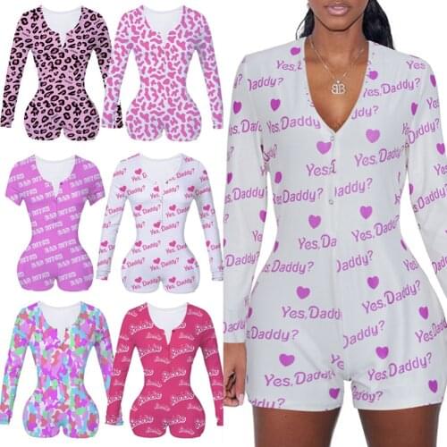 Sexy Women Print Elegant Sleepwear Pajamas Nightwear Pajama Long Sleeve Shorts Leotard Home Wear Tracksuit Buttons Bodysuit