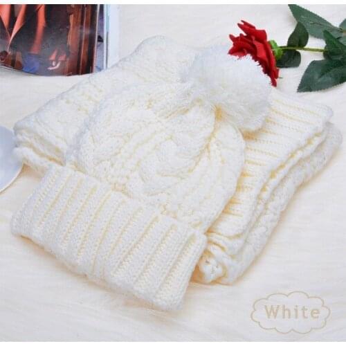 Winter 2pcs Set Scarf and Hat Plush Ball Beanie Autumn Lady Warm Knitted Cap Vintage Women Bonnet Femme