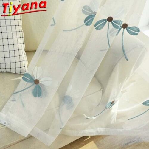 Blue Flower Embroidery Yarn Curains for Living Room Simply White Sheer Tulle White Embroidery Window Drapes Gauze X-M070#30