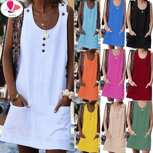 Botton Sexy Sleeveless Tank Dress Women A Line Ladies Dresses Summer 2021 Slim V Neck Ribbed Robe Femme Sundress Vestio