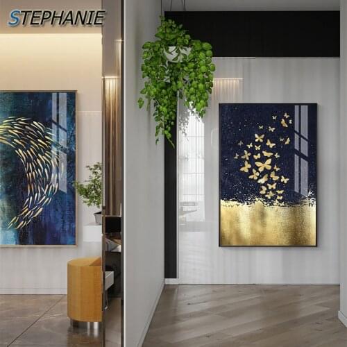 Modern Abstract Golden Fish Butterfly Canvas Painting Blue Wall Art Pictures Nordic Ocean Poster Print Luxurious Home Decorative