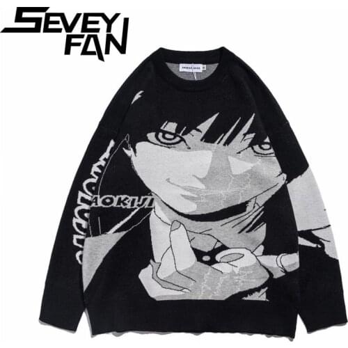 SEVEYFAN Sweater Mens Harajuku Animation Cartoon Round Neck Pullover Couple Knitwear Pullovers