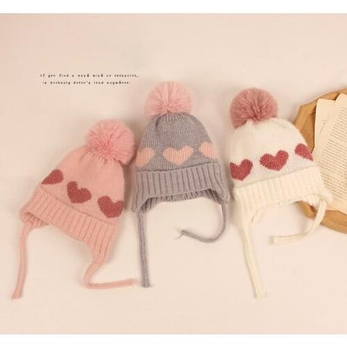 Cute Pompom Baby Hat Winter Autumn Sweet Heart Ear Protection Knitted Hat Bonnet For Toddler Kids Beanie Caps Baby Accessories