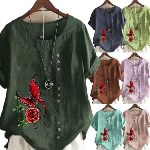 Summer New Womens Fashion Butterfly Printed Round Neck Short Sleeve T-shirt Casual Loose Solid Color Blouse Tops Plus Size