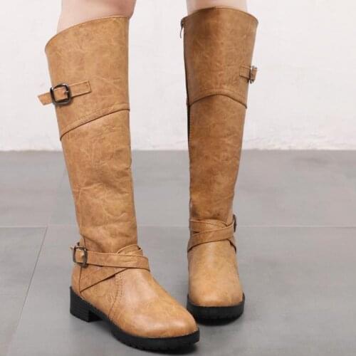 Womens Fashion Metal Buckle Boots Women Leather Mid-calf Boots Woman Zip Round Toe Shoes Female Solid Low Heels Plus Size 43
