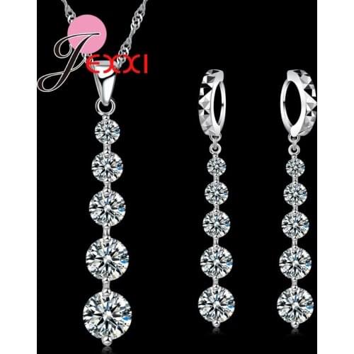 100% 925 Sterling Silver Clear Shining Cubic Zirconia Pendant Necklace Earrings Jewelry Sets For Women Ladies Weeding