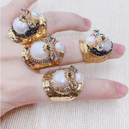 2019 New Fashion Hyperbole Ring Pearl Retro Exquisite Bee Pearl personality Colorful Crystal Ring Adjustable 24K Gold Plated Mix
