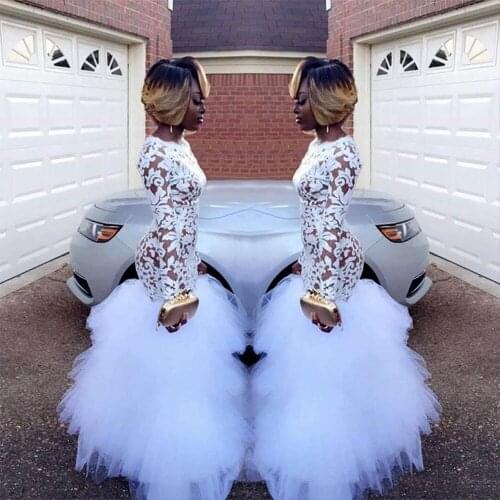 African White Mermaid Lace Evening Dresses for Black Girls Long Sleeves Ruffles Tulle Floor Length Plus Size Prom Gowns Vestidos