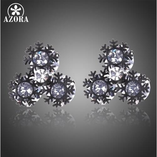 AZORA Round Cut Clear Zirconia Stone Black Snow Flower Stud Earrings for Women Party Wedding Earring Jewelry Acessories TE0309