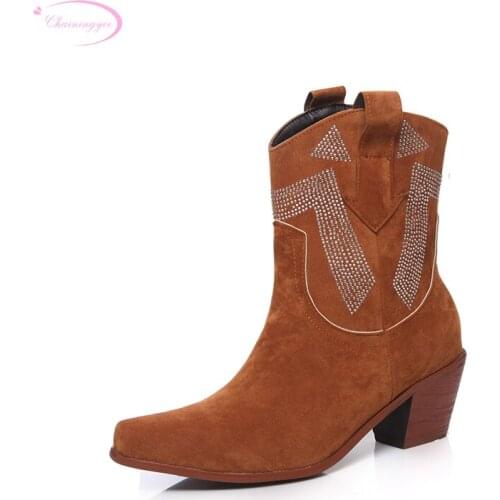 Casual comfortable round toe flock ankle boots fashion crystal slip-on high heel thick motorcycle boots womens shoes big size