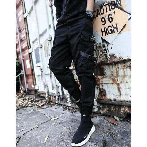 Men Black Slim Joggers Pants Streetwear Ribbons Casual Ankle-length Pants Hip Pop Side-pockets Cotton Trousers