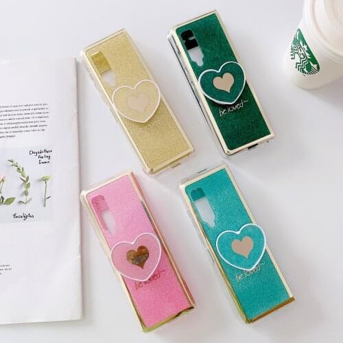 Funda Fold Case for Samsung Galaxy Fold Glitter Plating Love Patterned Coque Stand Mobile Phone Case Cover For Samsung Fold Capa