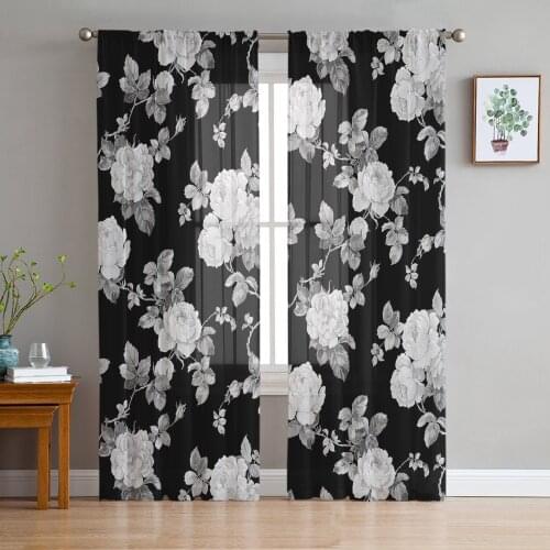 Black And White Roses Watercolor Flowers Tulle Curtains for Living Room Bedroom Modern Kitchen Sheer Curtains for Voile Curtain