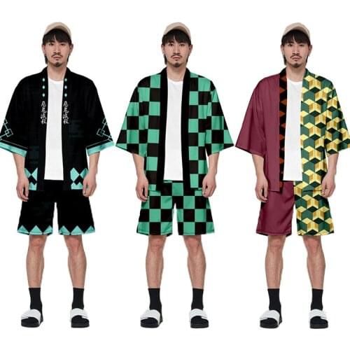 Demon Slayer Coats Shorts Sets Tomioka Giyuu Cosplay Costume Jackets Outfit Kamado Tanjirou Kimono Tops Shorts Suits Men Women