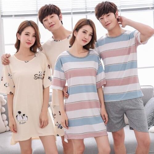 Couples Casual Striped Nightgown for Women Short Sleeve Cute Cartoon Home Dress Sleepwear Night Dress Nightdress Men Pyjama Sets