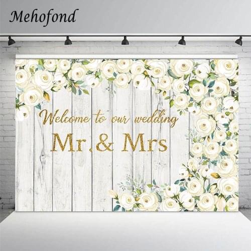 Mehofond White Rose Flower Wedding Background Photography Wood Board Mr&Mrs Bridal Shower Backdrop Photo Studio Customize Poster