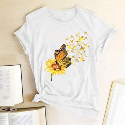 Butterfly Sunflower Birds Print T-shirts Women Summer Aesthetic Clothes Harajuku Short Sleeve Graphic Tees Casual Ropa Mujer