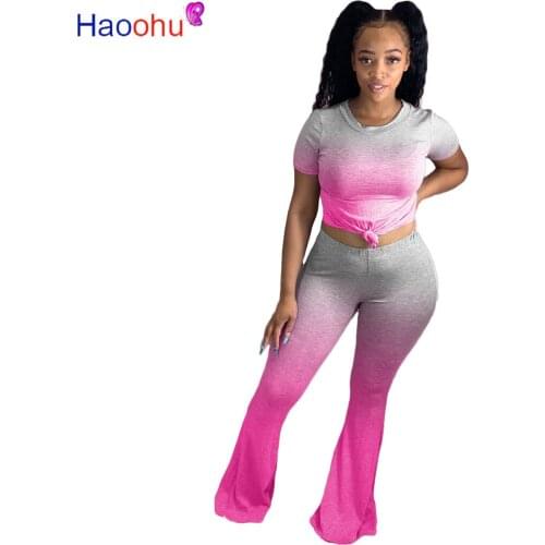 HAOOHU Gradient Print Womens Two Piece Set Short Sleeve T-shirt Bellbottoms Flare Pants Suit Tracksuit Matching Set Outfit
