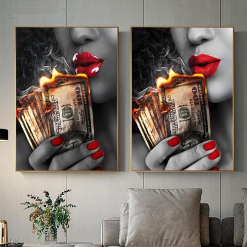 Red Lips Woman And Burning Dollar Posters And Prints Smoke Beauty Canvas Painting Living Room Home Decoration Wall Art Pictures