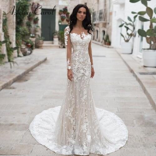 Long Sleeves Lace Mermaid Wedding Dresses 2021 Vestido De Noiva Champagne Romantic Appliques Button Bridal Gowns Ashley Carol