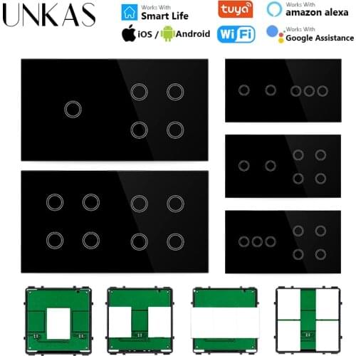 UNKAS Modules DIY Free Combination 2 3 4 5 6 7 8 Gang EU Wifi Touch On / Off Smart Switch Black Glass 157mm Panel Outlet