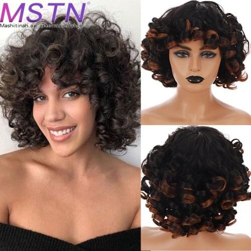 MSTN Black Women Short Curly Wig With Bangs Synthetic Gradient Color Cosplay High Temperature Resistance Comfortable And Natural