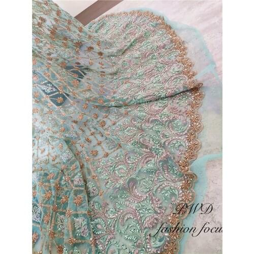 Mint Green 3D Beaded Lace Fabric African Bead Embroidery Lace Fabric Bridal Tulle Mesh Lace Fabric For Wedding Party