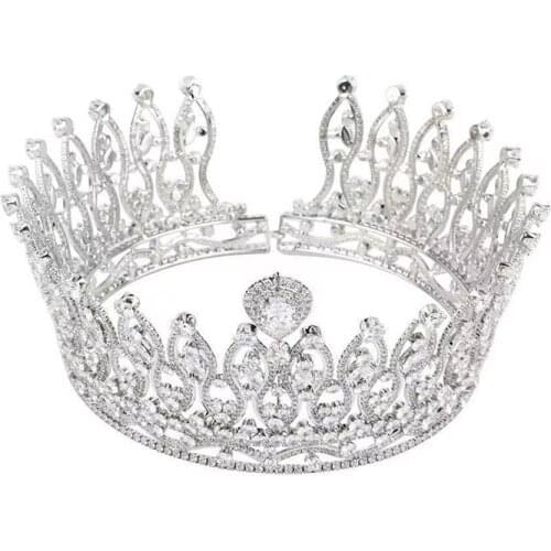 Parmalanbe Luxury Cubic Zirconia Big Round Crown Tiaras Wedding Hair Accessoress Queens Crown Headdress Fahion Jewelry