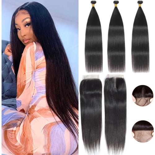 Straight Bundles With Closure Brazilian Hair Weave 4x4 Lace Closure Bundles Human Hair Frontal Extension Remy Hair100% Real hair